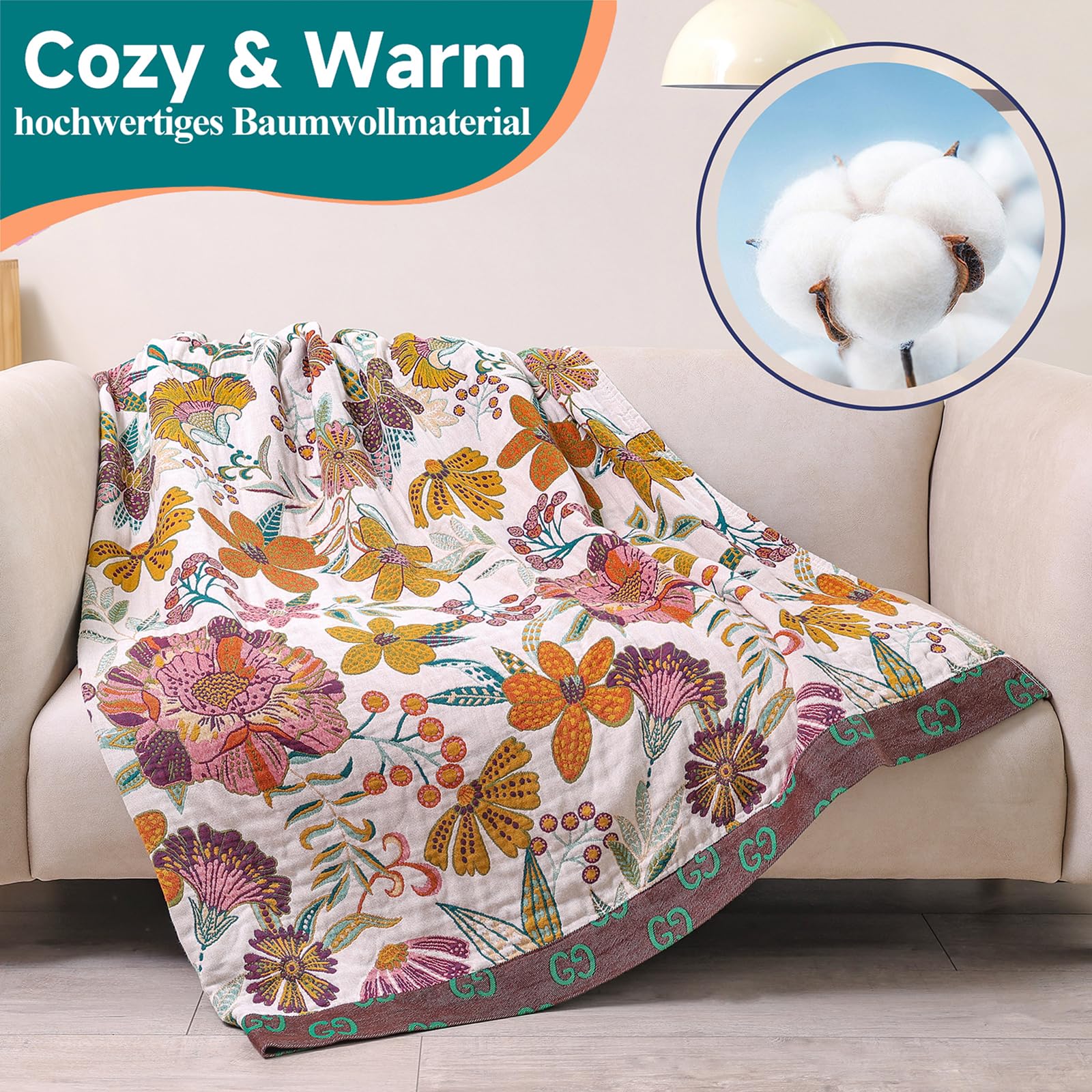 HOORDRY Baumwolldecke Tagesdecke, 4-Lagige Vorgewaschene Boho Bettüberwurf, Atmungsaktive Weiche Musselin Decke, Ideal für Couch Überwurf und Alle Jahreszeiten, 150x200 cm
