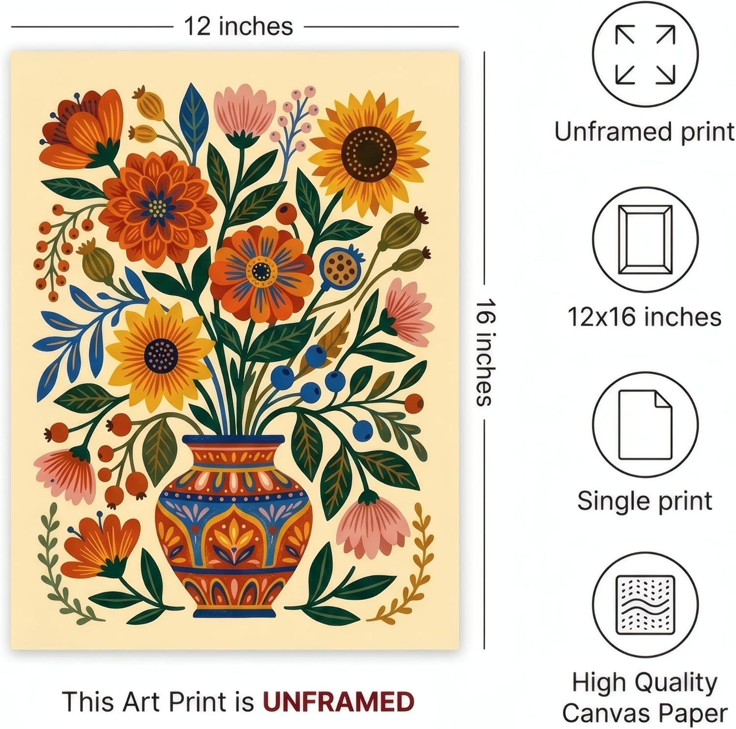Folk Art Plant Wall Decor - 12x16 Flower Pictures Wall Decor UNFRAMED
