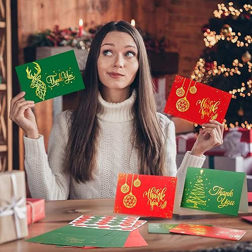 Miniatura 5 de 24 juegos de tarjetas de agradecimiento de Navidad con sobres, calcomanías de Feliz Navidad, tarjetas de agradecimiento de lámina dorada, tarjetas