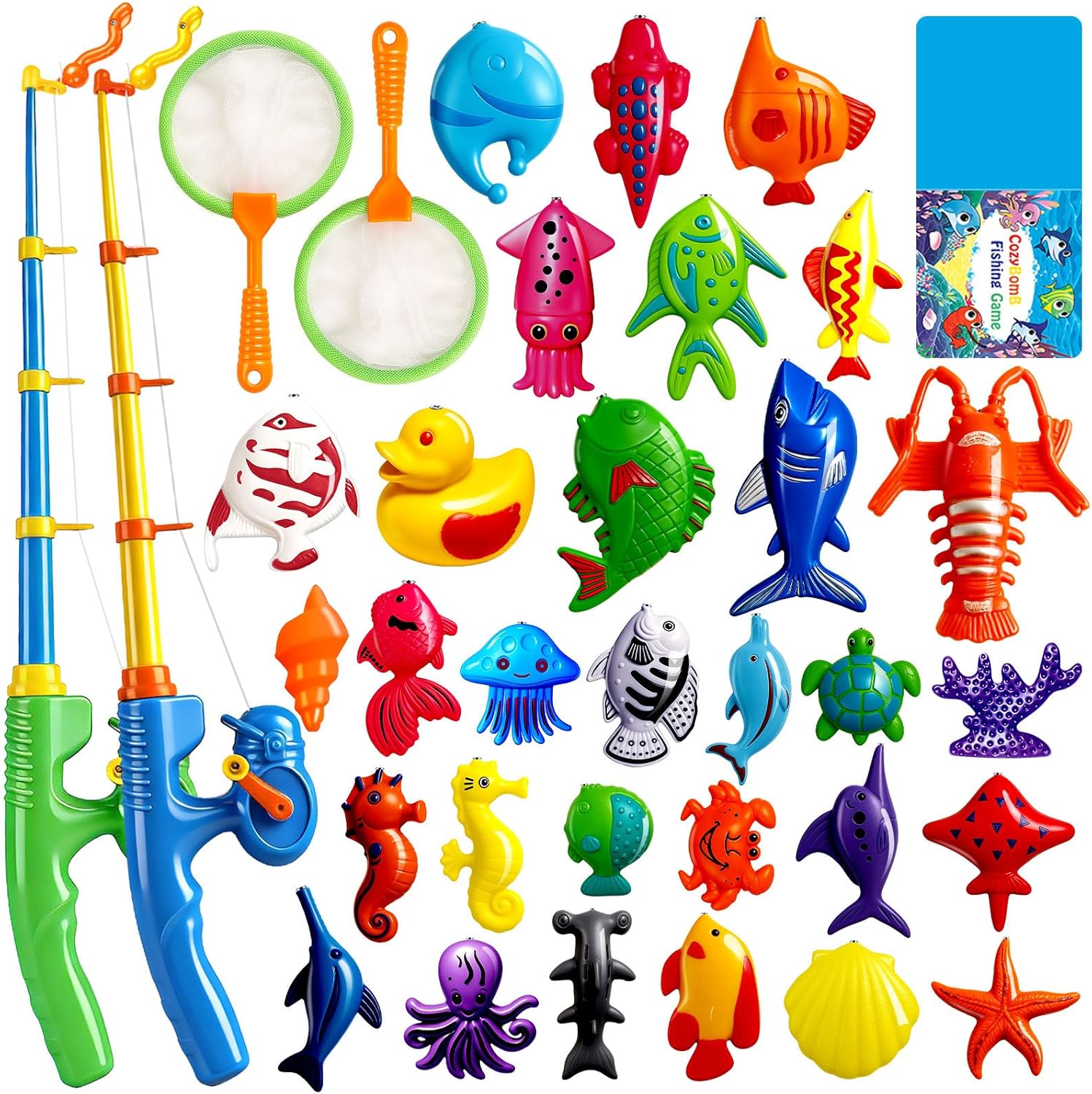 CozyBomB™ Magnetic Fishing Toys Game Set for Kids | Water Table Bathtub Kiddie Pool Party Pole Rod Net, Outdoor Plastic Floating Fish, Toddler Bath Color Ocean Sea Animals Easter Gift Age 3-5 6 4-8