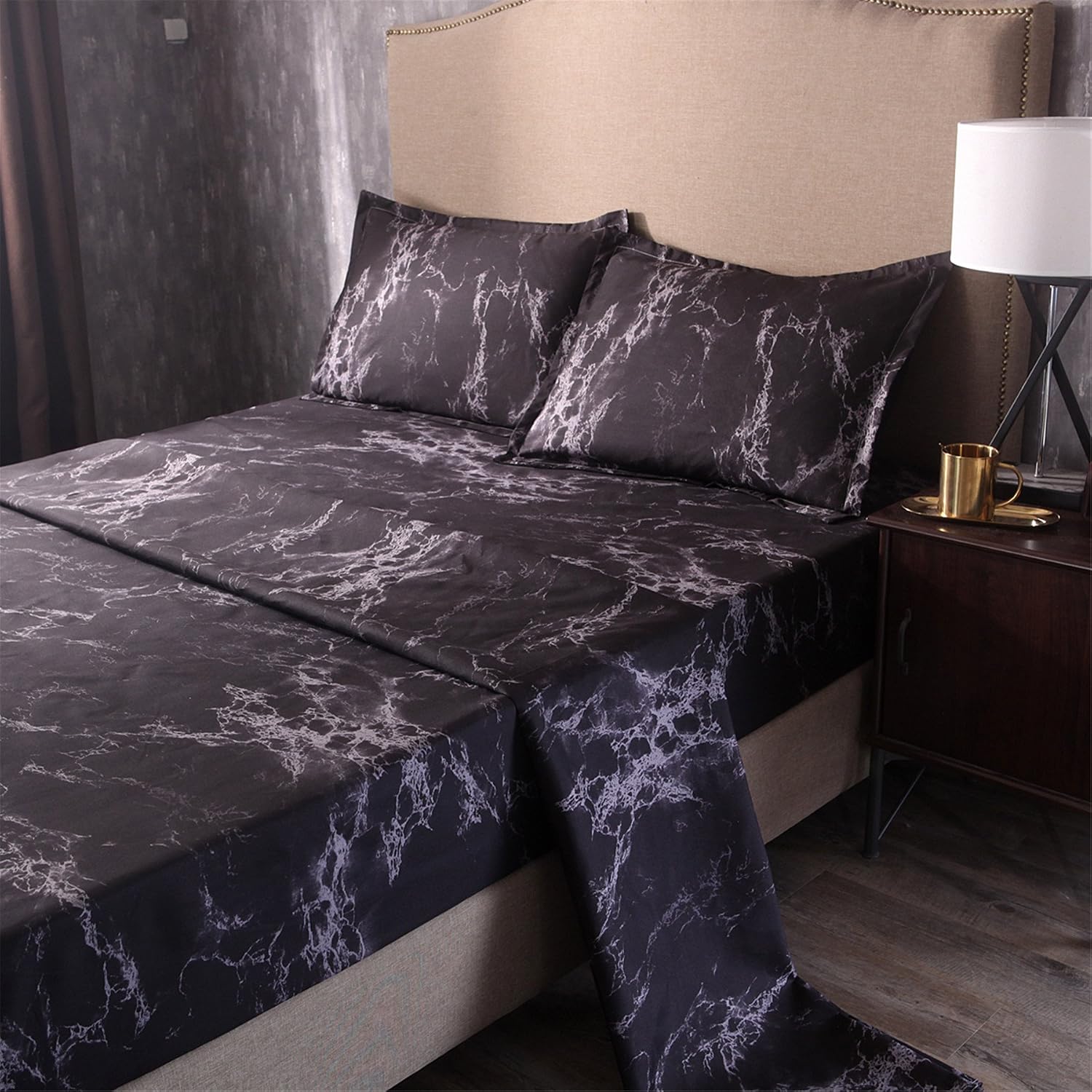 A Nice Night Mable Design Printing Bed Sheet Bedding Set, 100% Soft Microfiber Fitted Sheet (Queen, Black)