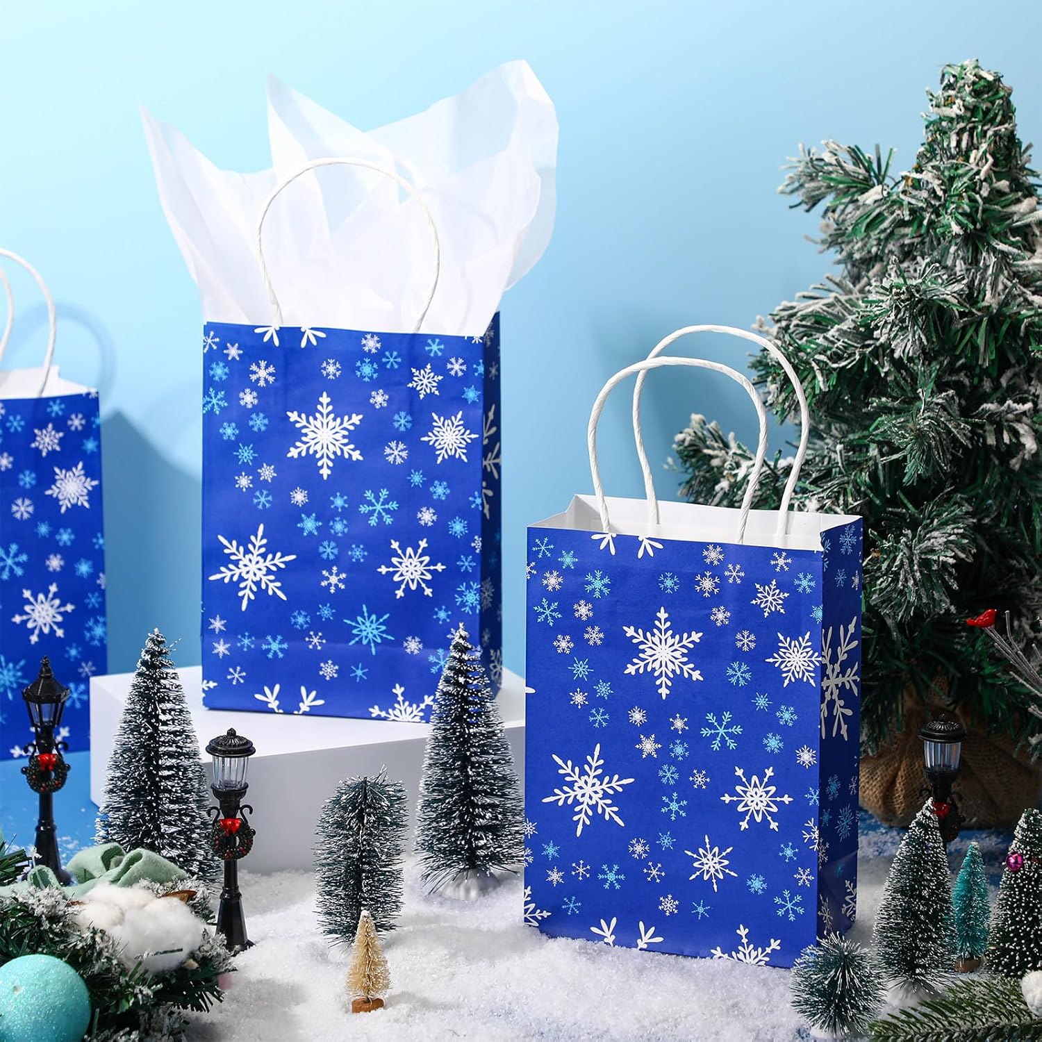 Kolldenn 25 Sets Winter Snowflake Gift Bags with Tissue Paper Blue Snowflake Candy Treat Goodie Bags Bulk with Handles for Winter Baby Shower Holiday Wonderland Birthday Party Favors Wrapping - Image 5