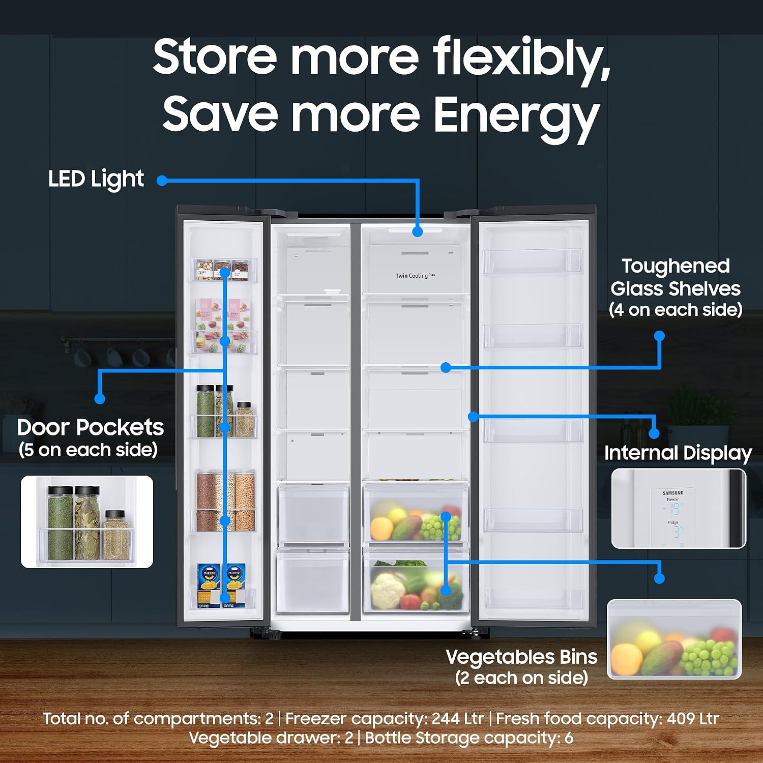 Samsung 653L (RS76CG8003B1HL) WiFi Side By Side Door Refrigerator