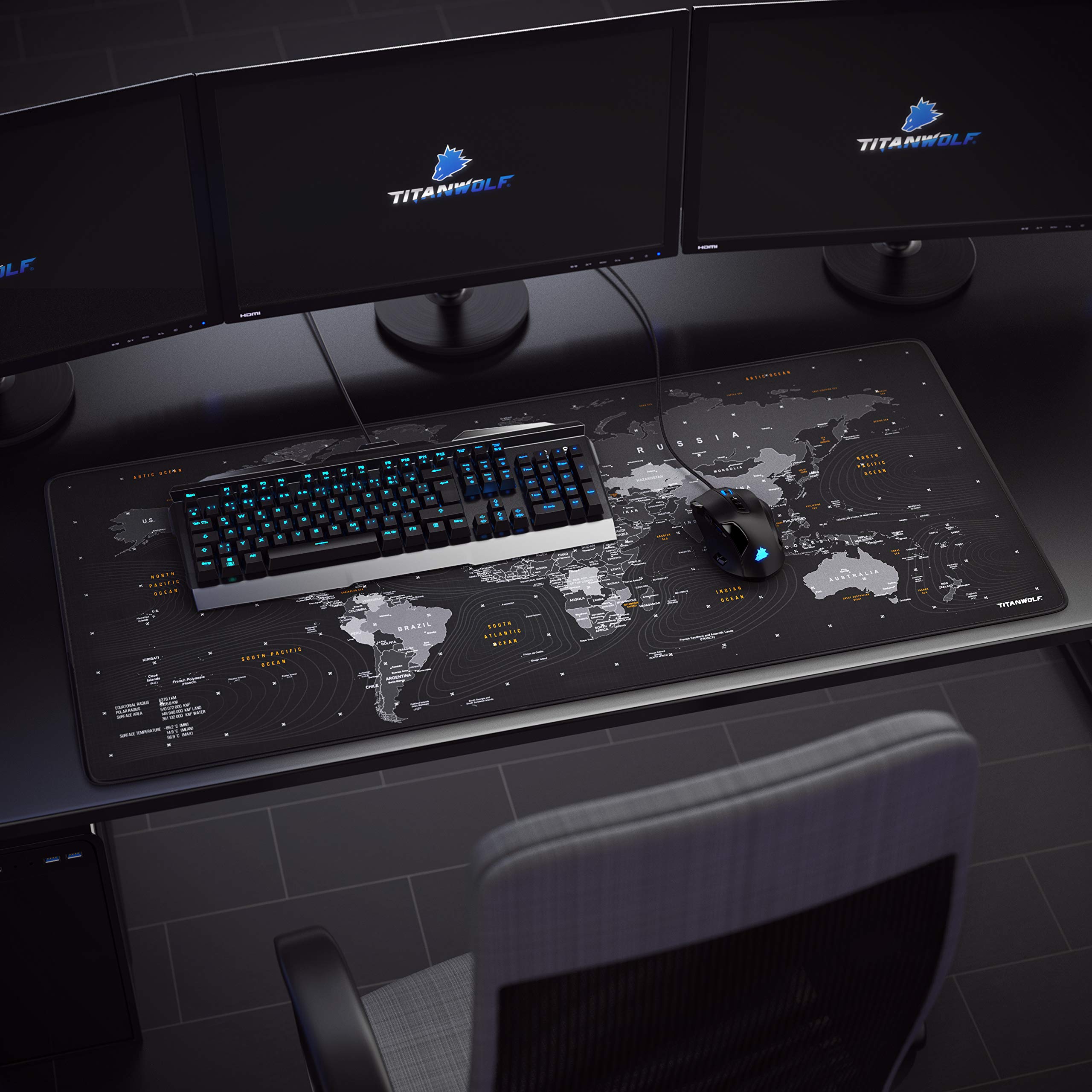 TITANWOLF - XXL Alfombrilla para ratón 900 x 400 mm - Speed Gaming Mousepad - Mouse Pad para Ordenador - Base para Mesa Grandes Dimensiones - Diseño: Planisferio