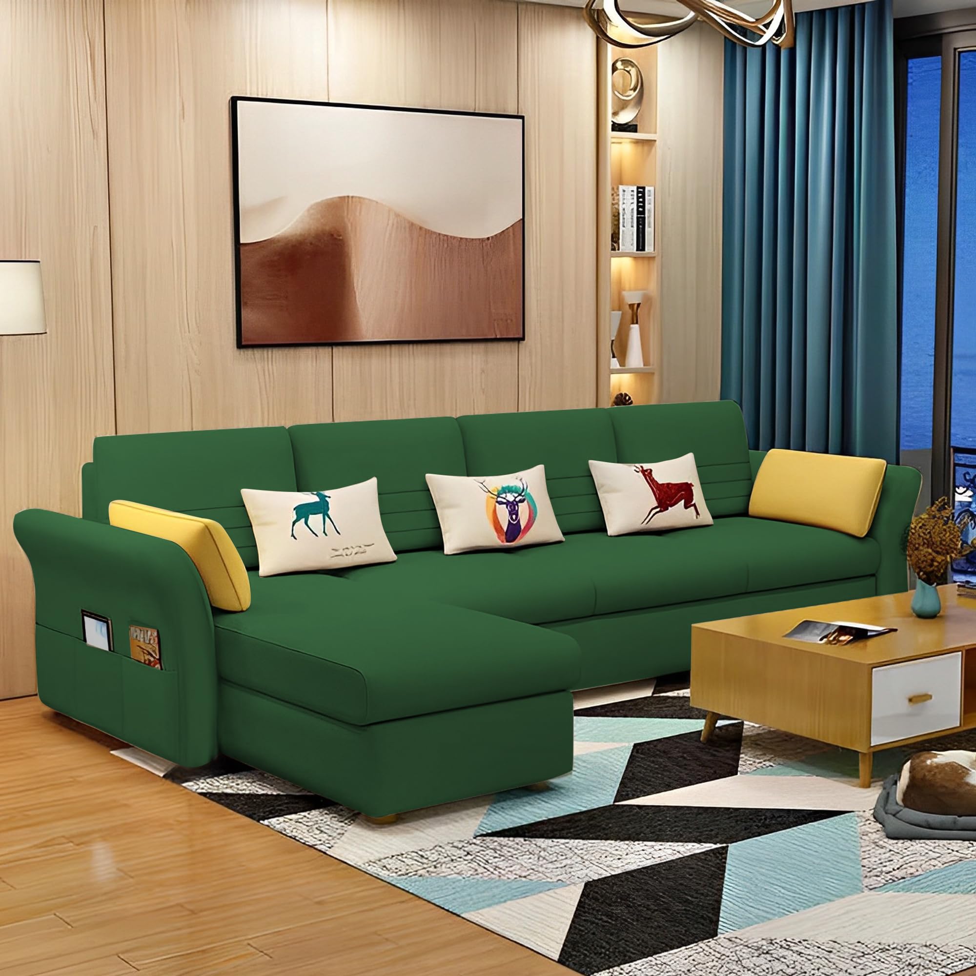 GRAPEWOOD Regal LHS 6 Seater Sofa for Living Room (Green Colour) Premium Fabric Sofa