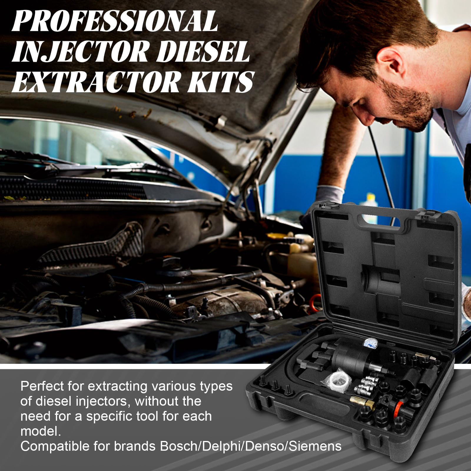 JAOGAUS Extractor Neumático de Inyectores con Manómetro y Adaptadores, Kit de Extracción para Inyectores Diésel con Aire Comprimido, Compatible con Bo*SCH Delp*hi De*nso Sieme*NS