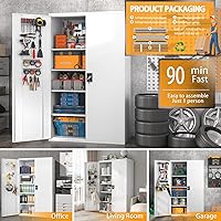 Vista 7 de Armario de almacenamiento de metal alto y ancho mejorado con puertas y 4 estantes ajustables Armario de garaje negro resistente con ruedas