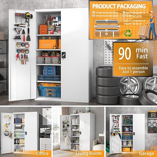 Miniatura 7 de Armario de almacenamiento de metal alto y ancho mejorado con puertas y 4 estantes ajustables  Armario de garaje negro resistente con ruedas y