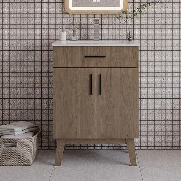 Chyanmoo 24" Bathroom Vanity with Sink, Vanity Combo with Two Soft Close Cabinet Doors, Modern Single Bathroom Cabinet Set with Metal Handles (Brown with Sink, 24)