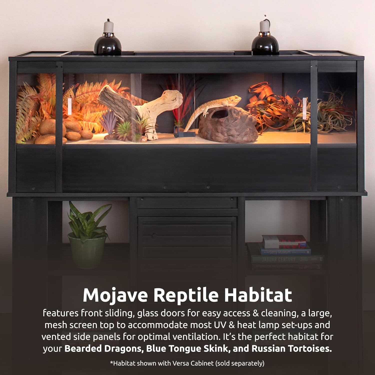 new age pet ecoflex 60" wide x-large reptile habitat, mojave lounge for snakes, tortoises & lizards in maple, black & grey, easy assembly, sliding glass doors & mesh top black extra large