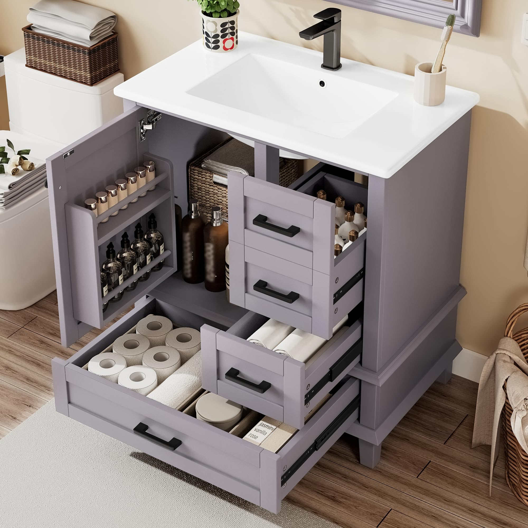 76 x 46 x 83,5 cm. Mueble de baño de pie con lavabo, lacado completamente, estantería para puerta, tres cajones silenciosos, lavabo de cerámica integrado, gris