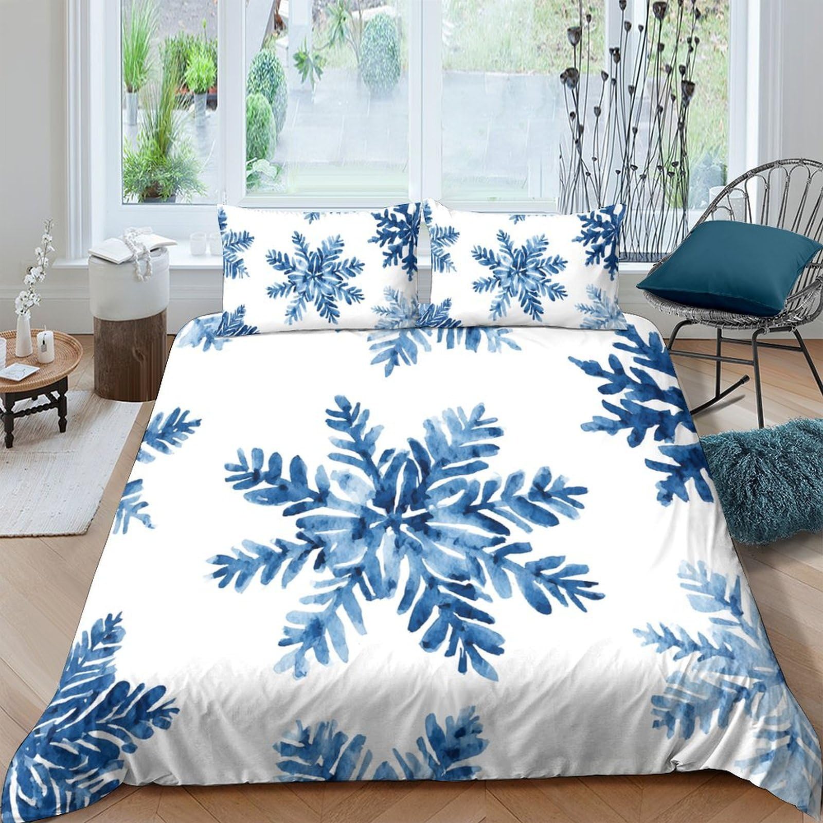 Ctjqhvkz Style-4 3D Printed Blue Snowflake Fitted Sheet Microfiber Soft Bed Cover Winter Bedroom Dorm Decor Mattress Protection Single（135X200cm）