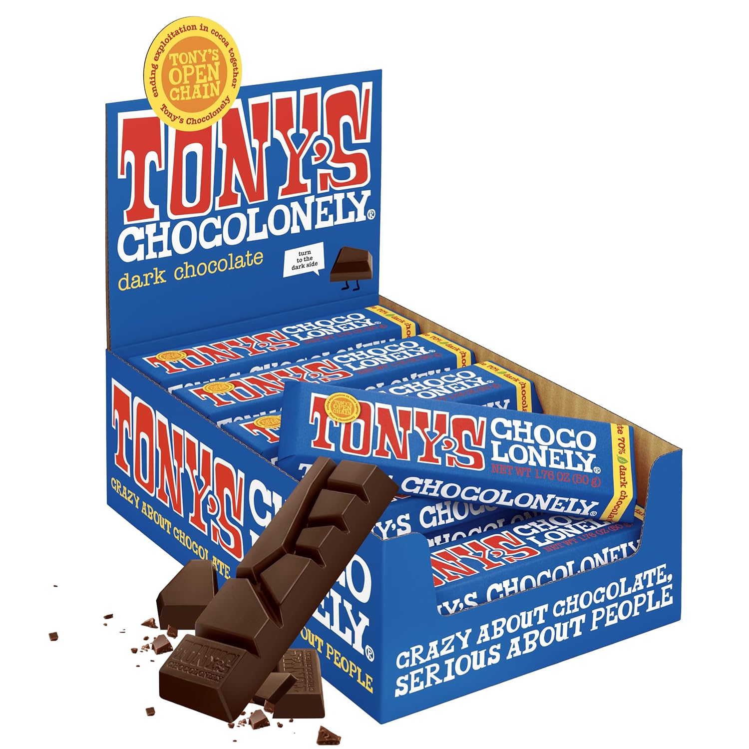 Tony’s Chocolonely Belgian Dark Chocolate Candy Bar, Pure Chocolate Bars for Snacks, Party Favors, Gifts, or Gift Basket, Vegan, 70% Cacao, Made From Quality Fairtrade Cocoa, 20 Bars, 1.76 Oz Each