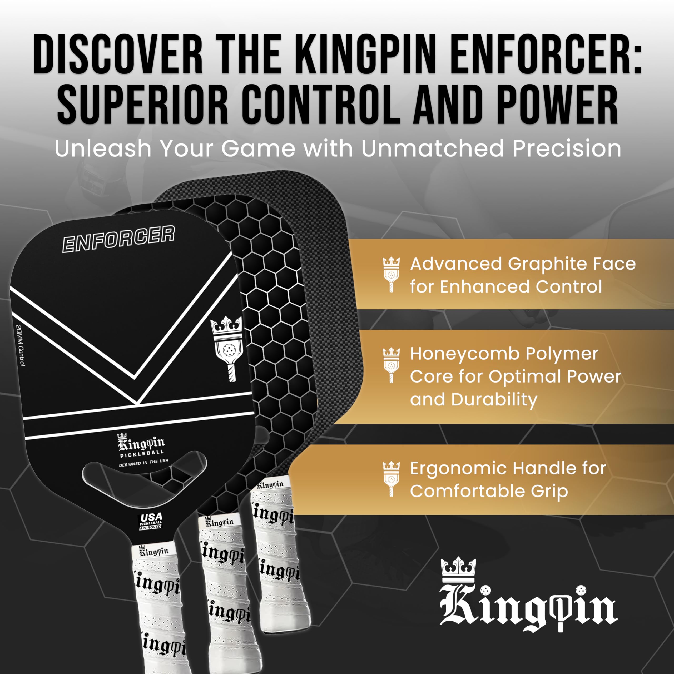 Kingpin Pickleball Paddle Enforcer 8 oz, Lightweight, T700 Carbon Fiber Face Racket w/Polypropylene Honeycomb Core, Ergonomic Handle | Outdoor & Sports Gear