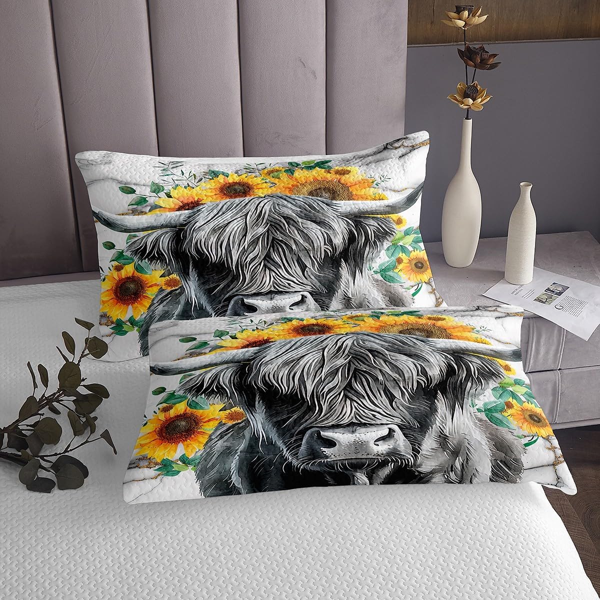 Erosebridal Highland Cow Bedspread King Yellow Sunflower Quilted,Grey Marble Grain Coverlet Set Longhorn Cattle Floral Quilt Set for Cowboys Cowgirl Farmhouse Rural Pastoral Style Room Decor
