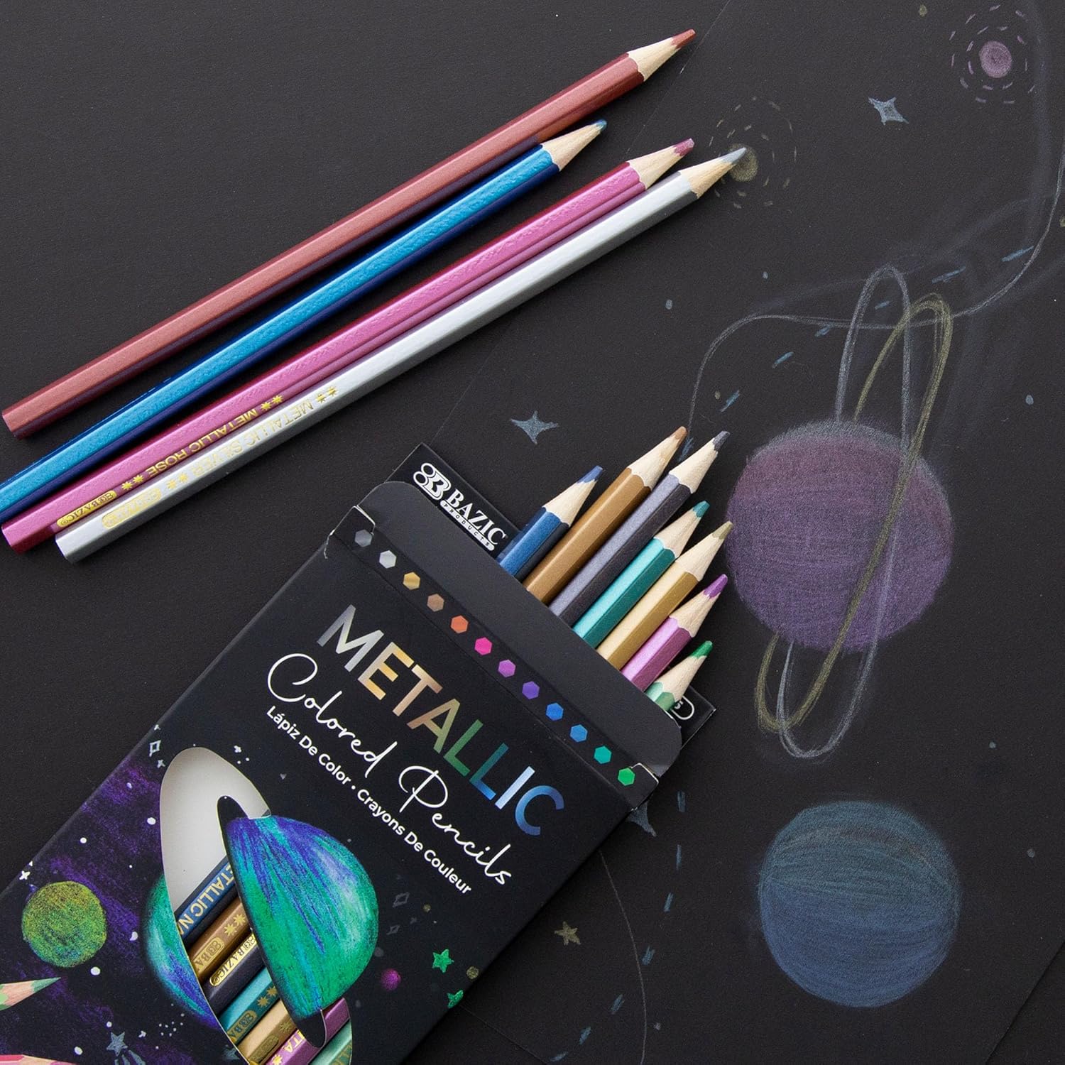 BAZIC PRODUCTS Metallic Colored Pencils 12 Shimmering Shades Pre-Sharpened Pencil Set for Drawing Coloring, Professional Art Supplies for Artists (12/Pack), 144-Packs