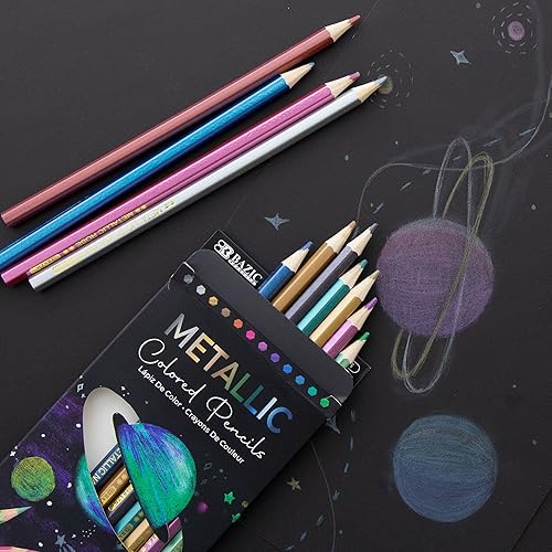 Miniatura 7 de BAZIC - Lápices de colores metálicos, 12 tonos brillantes, juego de lápices preafilados para dibujar y colorear, suministros de arte profesionales