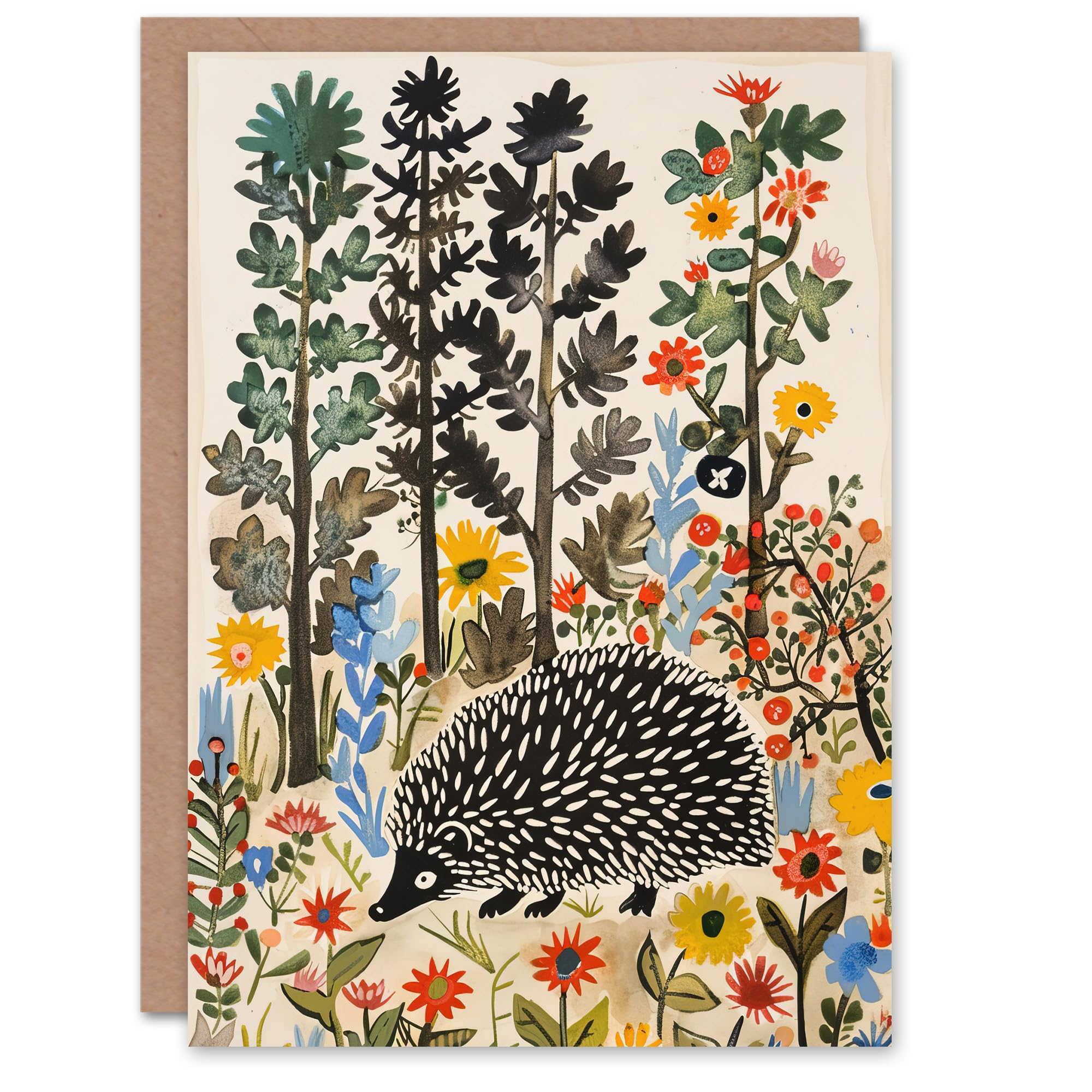 Artery8 Hedgehog in Forest Folk Art Painting Wildflowers Greeting Birthday Card Him Her All Blank