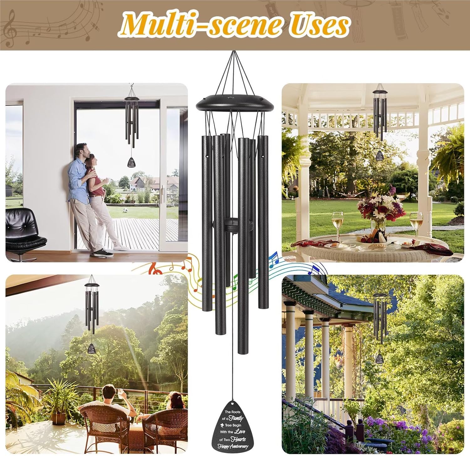 Happy Anniversary Wind Chimes Gifts for Men Women,Romantic Anniversary for Couples, Wife, Husband, Parents, Friends, Happy Anniversaries Decorations, 25'' Wind Chimes Black Gifts