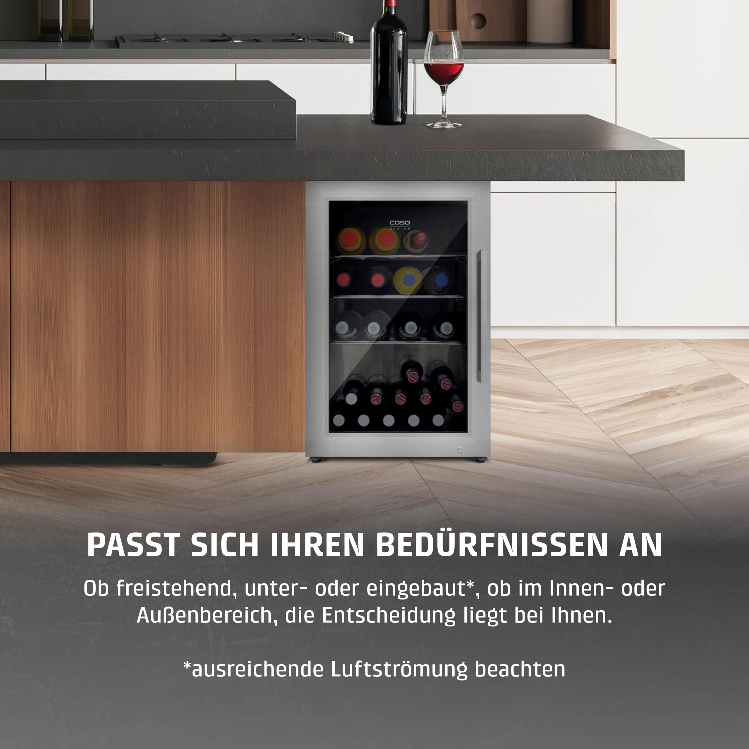 Caso BBQ Cooler S-L, Kühlschrank 63L, Türanschlag links, Temperatur -1-10°C, für Innen- und Außenbereich geeignet, IPX4/Spritzwasserschutz, Einbau geeignet, UV Sicherheistglas, abschließbar