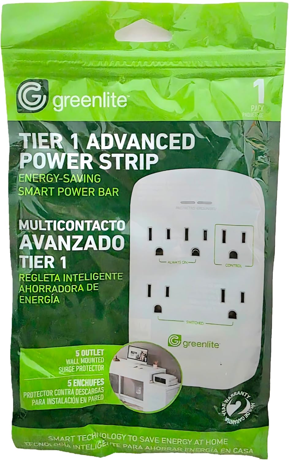 Greenlite, Tier 1 Advanced Power Strip, Energy-Saving, Smart Power Bar 5 Outlet