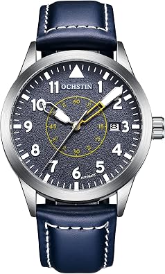 Automatic Mechanical Mens Watches Self Winding Auto Date Military Sports Male Wristwatch with Leather Strap/Stainless Steel Band, Blue, Military