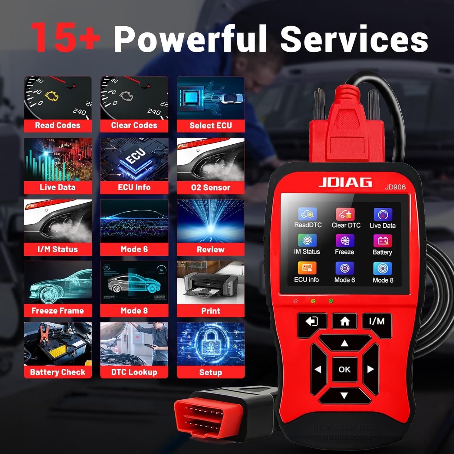 JD906 OBD2 Scanner displaying 15+ powerful services icons