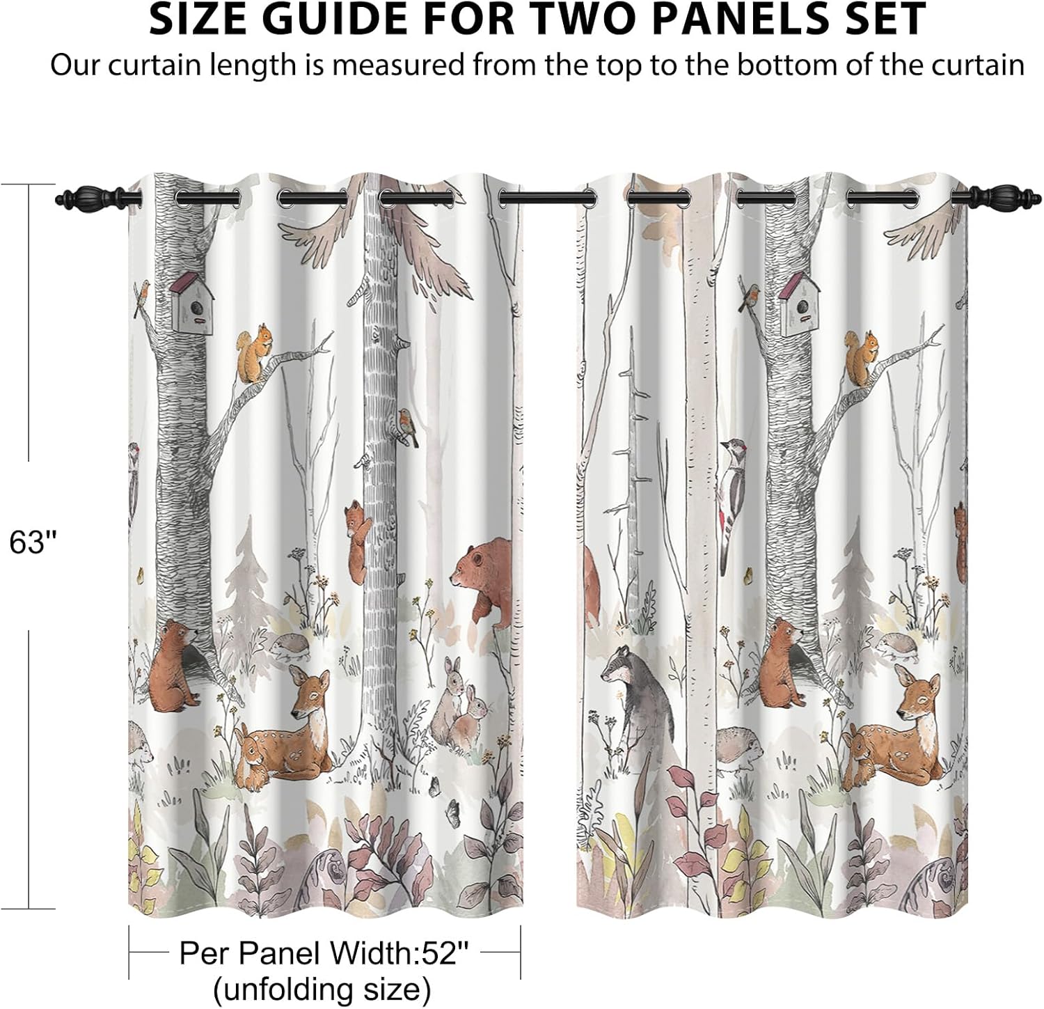 Kids Blackout Curtains for Nursery, Boy's Woodland Animal Print Curtains for Bedroom, Cartoon Room Darkening Window Drapes 2 Panels Set, White, 52W x 63L