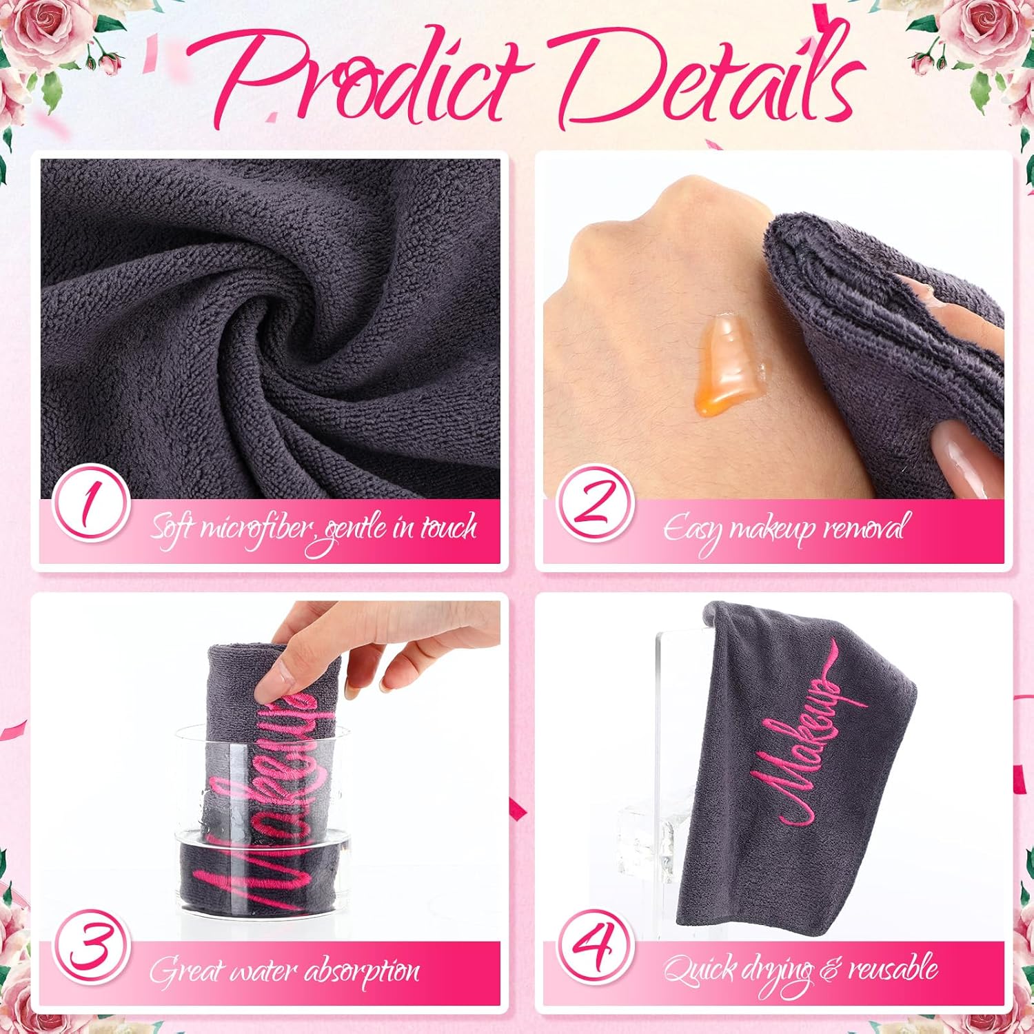 Preboun 96 Pack Makeup Remover Cloths, 13 x 13 Inch Makeup Towels Bulk Soft Microfiber Face Towels Reusable Makeup Washcloths with Makeup Embroidery for Women Skin (Gray)