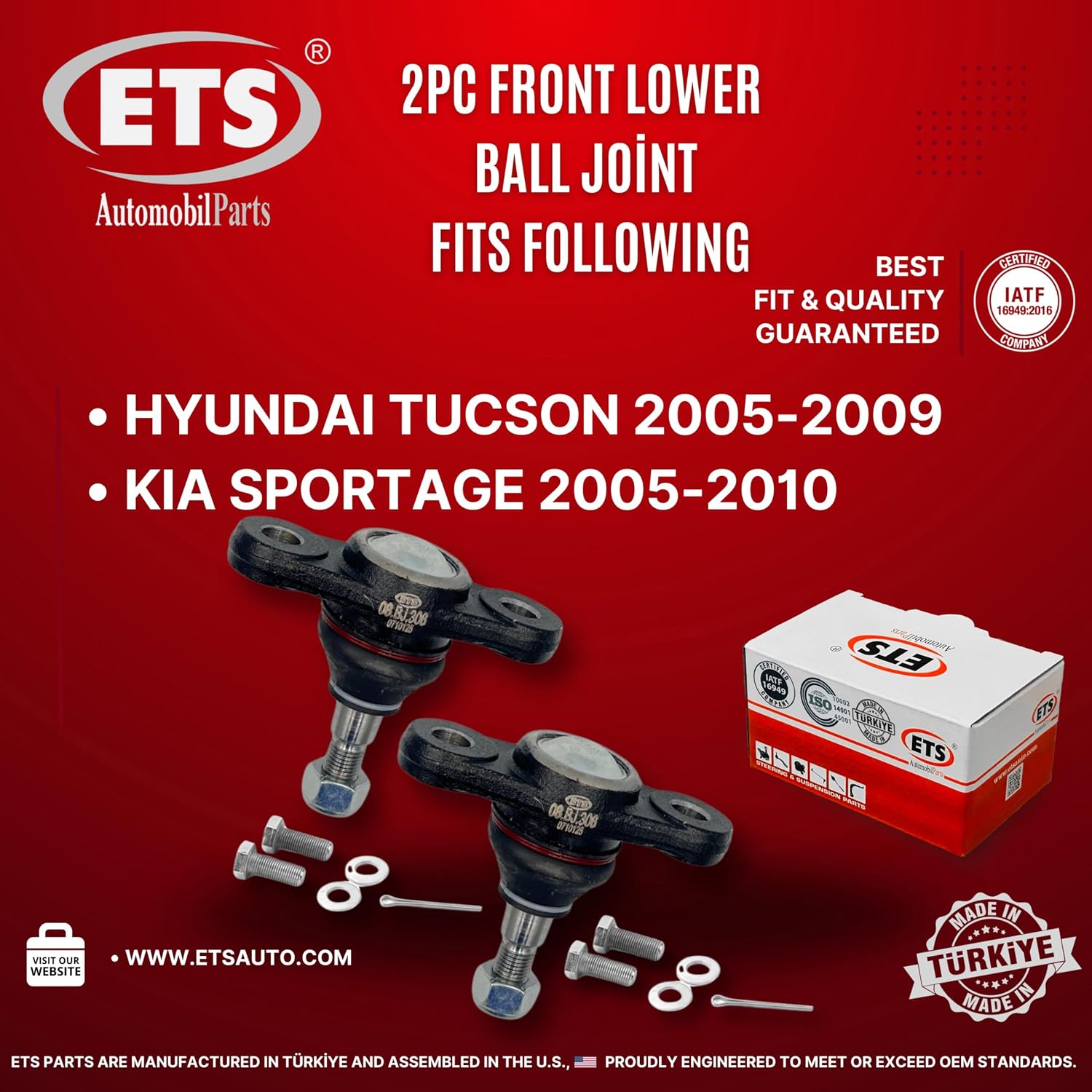 ETS 2Pcs Front Lower Ball Joint Kit K500012 fits Hyundai Tucson 2005-2009 / Kia Sportage 2005-2010