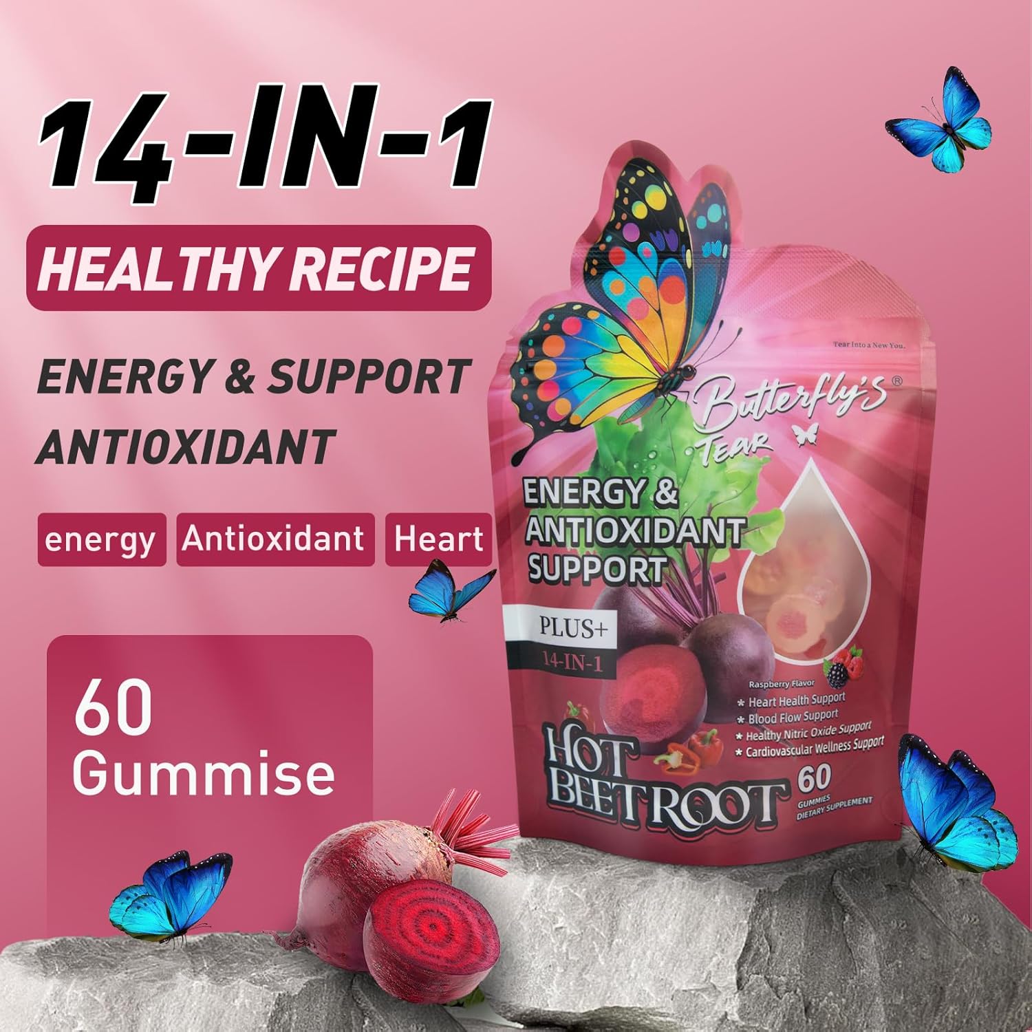 BUTTERFLY'S TEAR Beet Root Gummies, Supports Heart & Blood Vessel Health, Nitric Oxide Booster, 14-in-1 Wellness Formula with Grape Seed, Vitamin D3, K2 & E, Hawthorn, Berberine, Sugar Free (60 Count)