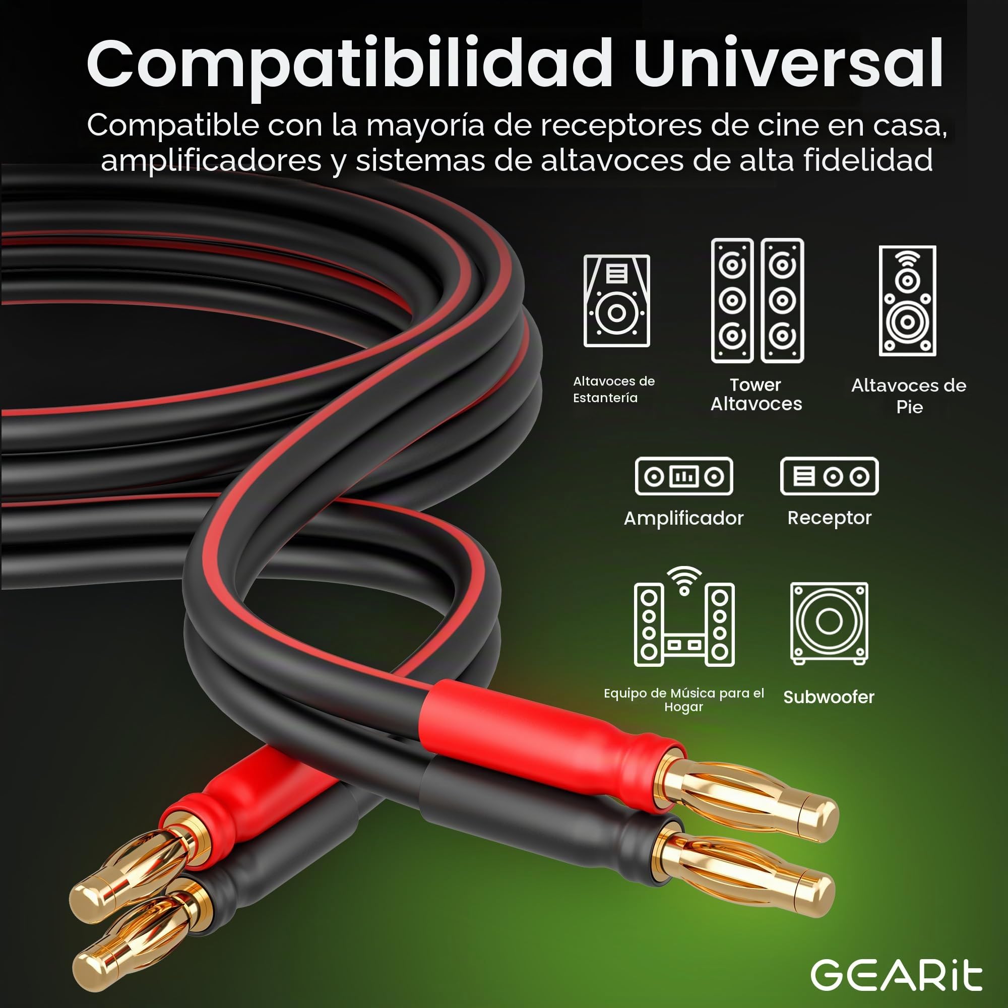 GearIT Cable de altavoz de 14 AWG con conectores banana 14 Ga cable banana para sonido envolvente HiFi bi-Wire Bi-Amp