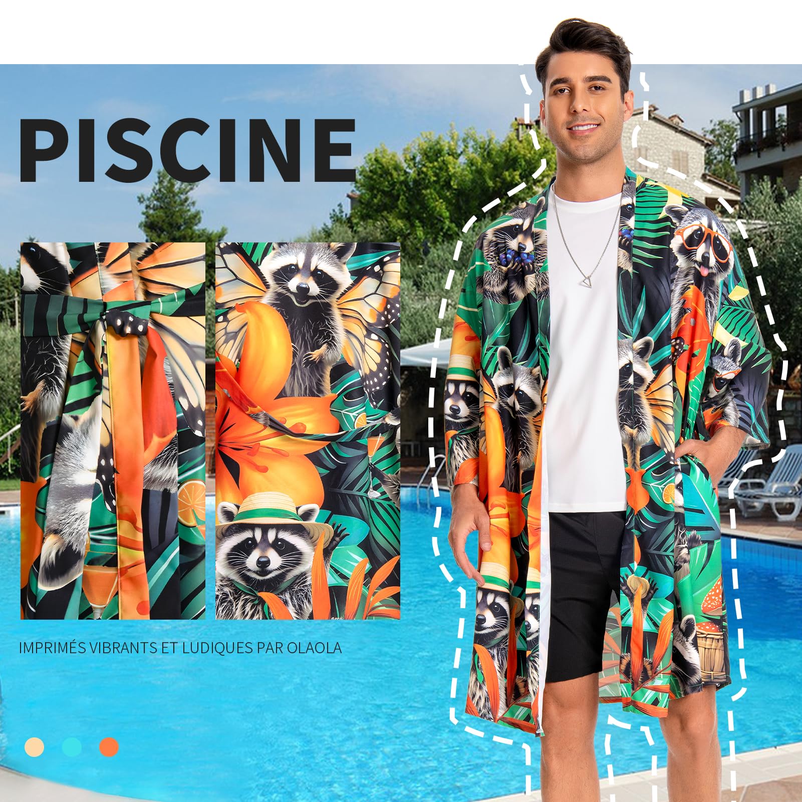 OLAOLA Kimono Plage Homme Cardigan Vacances Été Cover Up Léger Poolparty | Cover-up léger pour vacances d'été. Parfait pour piscine, croisière, EVG et voyage tropical. Élégance estivale garantie.