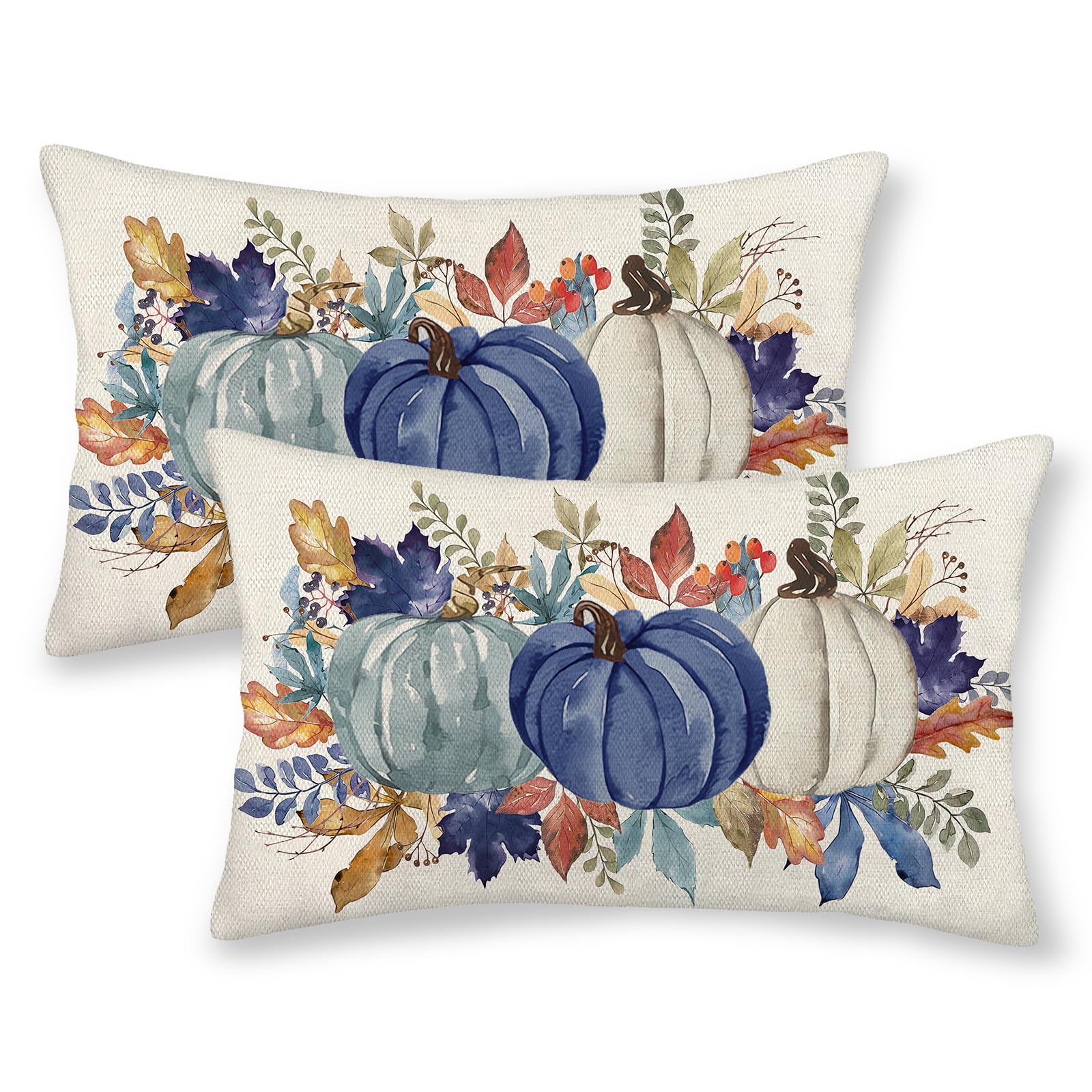 Fall Decor Pillow Covers 12x20 Pack of 2,Blue Pumpkin Leaves Throw Pillow Covers Outdoor,Autumn Thanksgiving Decoration Pumpkin Pillowcase Linen