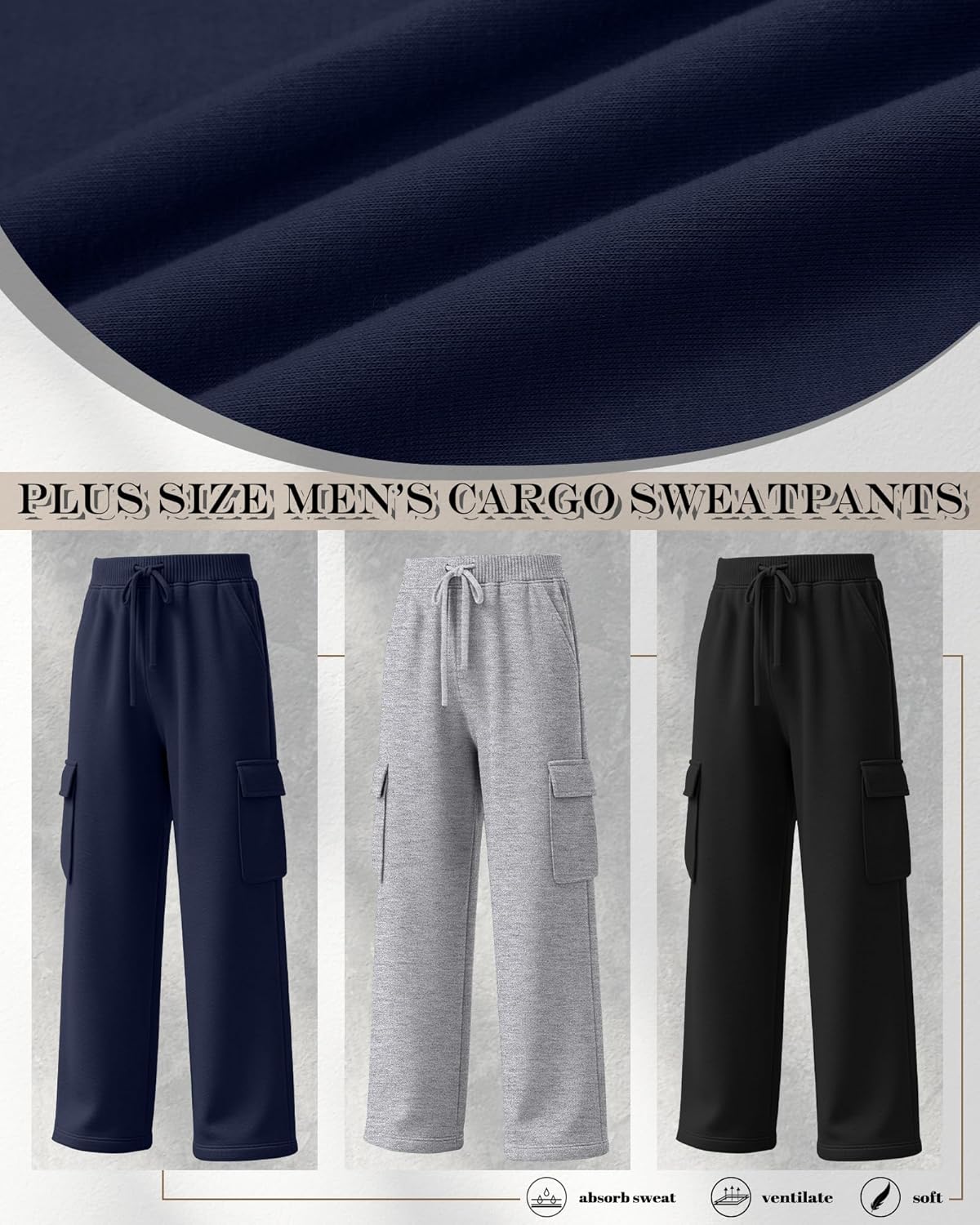 3 Pack Big and Tall Men's Cargo Sweatpants Open Bottom Drawstring Elastic Waist Pants with Pockets Casual Hiking - Image 4