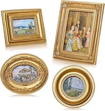 Geetery 4 Pcs Vintage Picture Frames Set Mini Antique Picture Frame Small Luxury Ornate Oval Circle Rectangle Wall Hanging for Gallery Wall Photo Display Tabletop Home Decor(Gold)