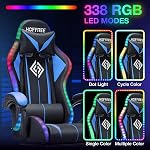 HOFFREE Chaise de jeu avec LED RGB Lumières et massage repose-pieds Chaise d'ordinateur avec repose-tête Ergonomic High Back Chaise de jeu vidéo avec support Lombaire réglable Linkage accoudoir bleu et noir