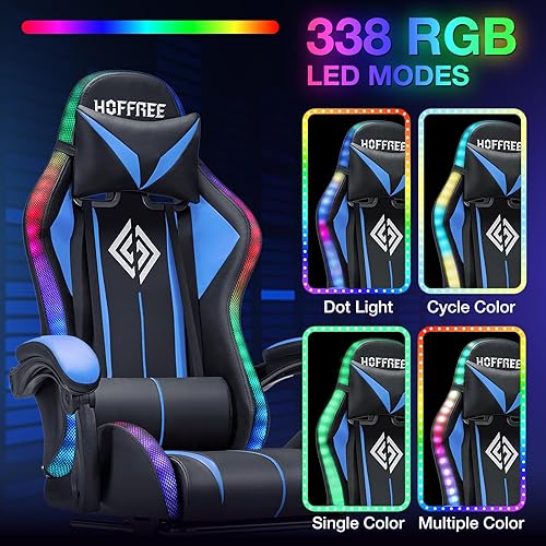 Vista 4 de HOFFREE Silla de juegos con luces LED RGB con masaje y reposapiés, silla ergonómica para computadora, respaldo alto, silla de videojuegos con Azul +