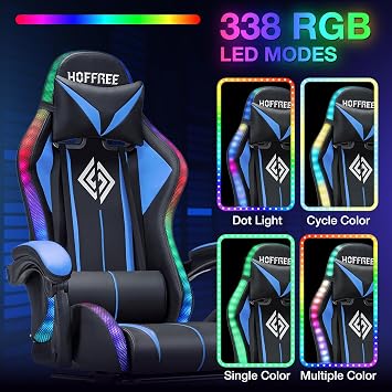 HOFFREE RGB Gaming Chair with Speakers Massage LED Lights Game Chair-Blue