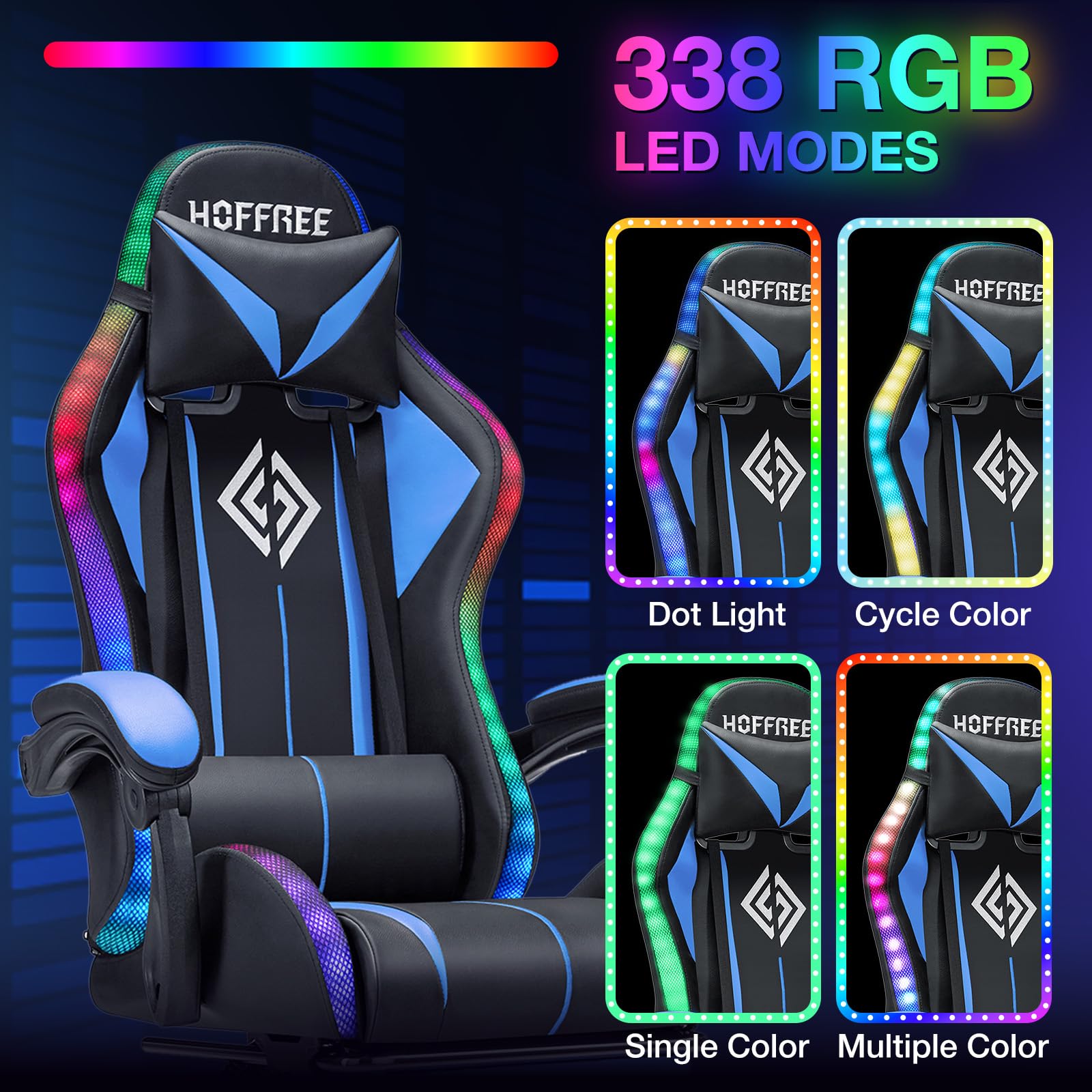 Gaming Chair with Bluetooth Speakers and RGB LED Lights Ergonomic Massage Video Game Chair with Footrest High Back with Lumbar Support Blue and Black