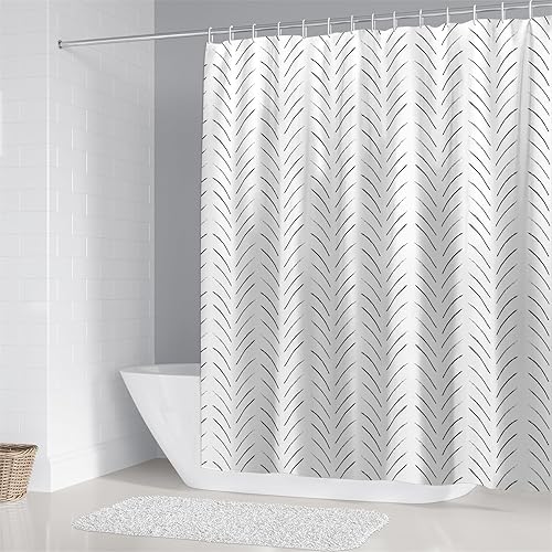 Miniatura 2 de Chrainy Juego de 4 cortinas de ducha con líneas de espiga en blanco y negro, moderno, a rayas, abstracto, juego de accesorios de baño, geométrico,