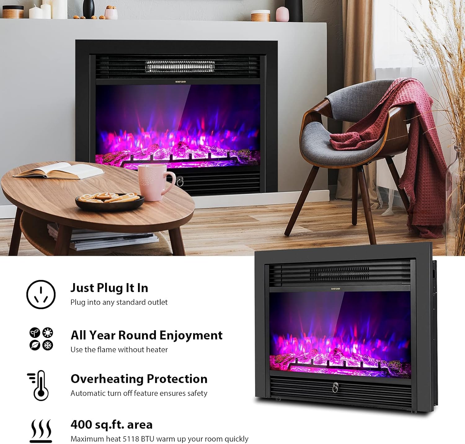 LDAILY 28" Electric Fireplace, Recessed, 3-Color Flame, 5 Brightness, 8H Timer & Remote Control, 750/1500W Freestanding Fireplace Insert Heater, Black (28.5 inches)