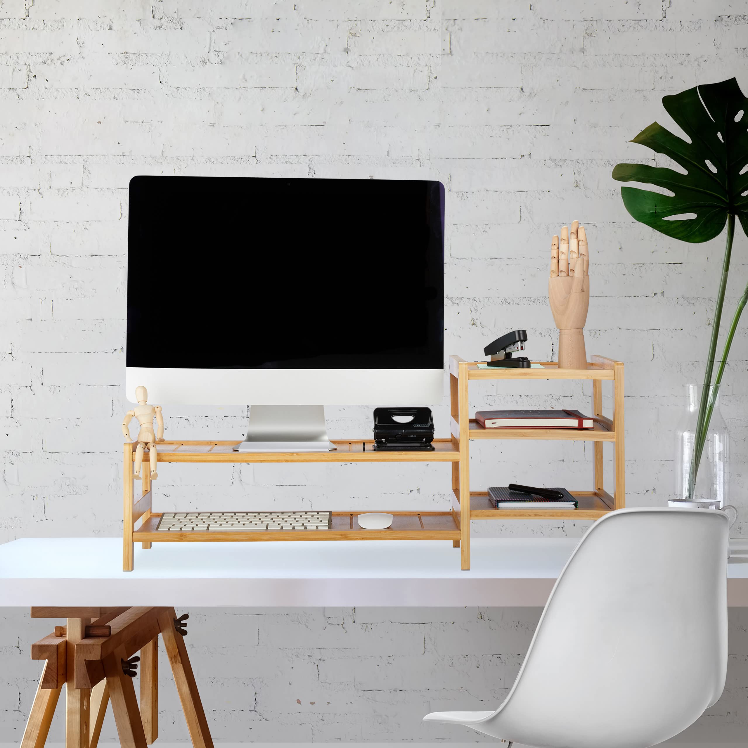 Relaxdays Support d'écran en Bambou, 5 tiroirs, réhausseur d'écran d'ordinateur et Laptop, HxLxP : 33x80x30 cm, Naturel