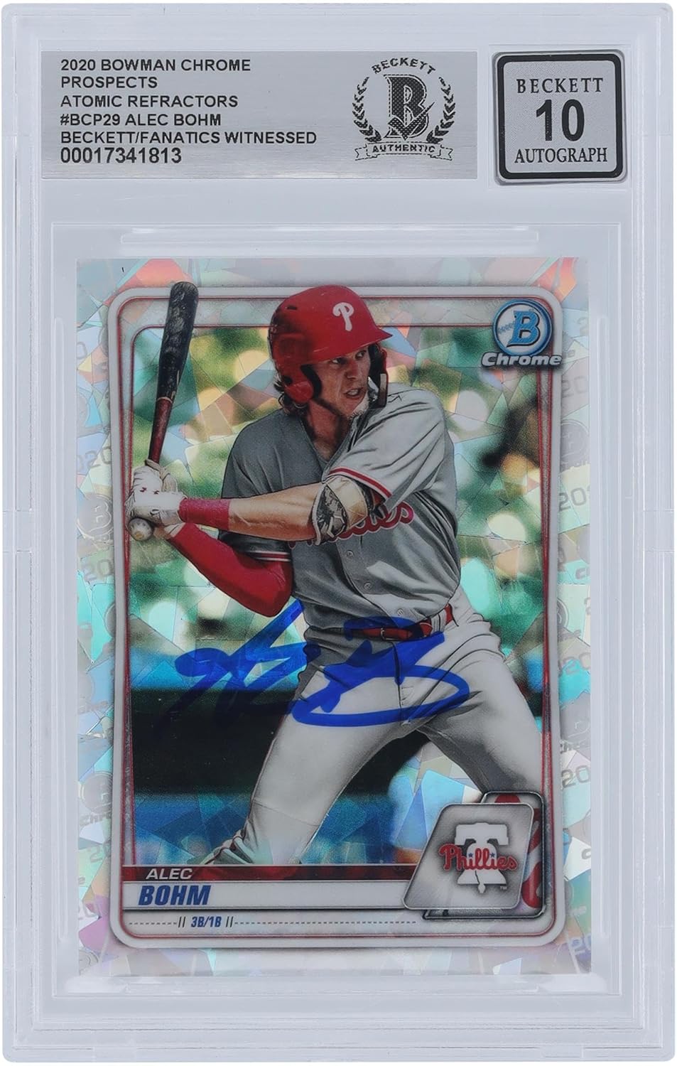 Alec Bohm Philadelphia Phillies Autographed 2020 Bowman Chrome Prospects Atomic Refractor #BCP-29 Beckett Fanatics Witnessed Authenticated 10 Card - Baseball Slabbed Autographed Cards