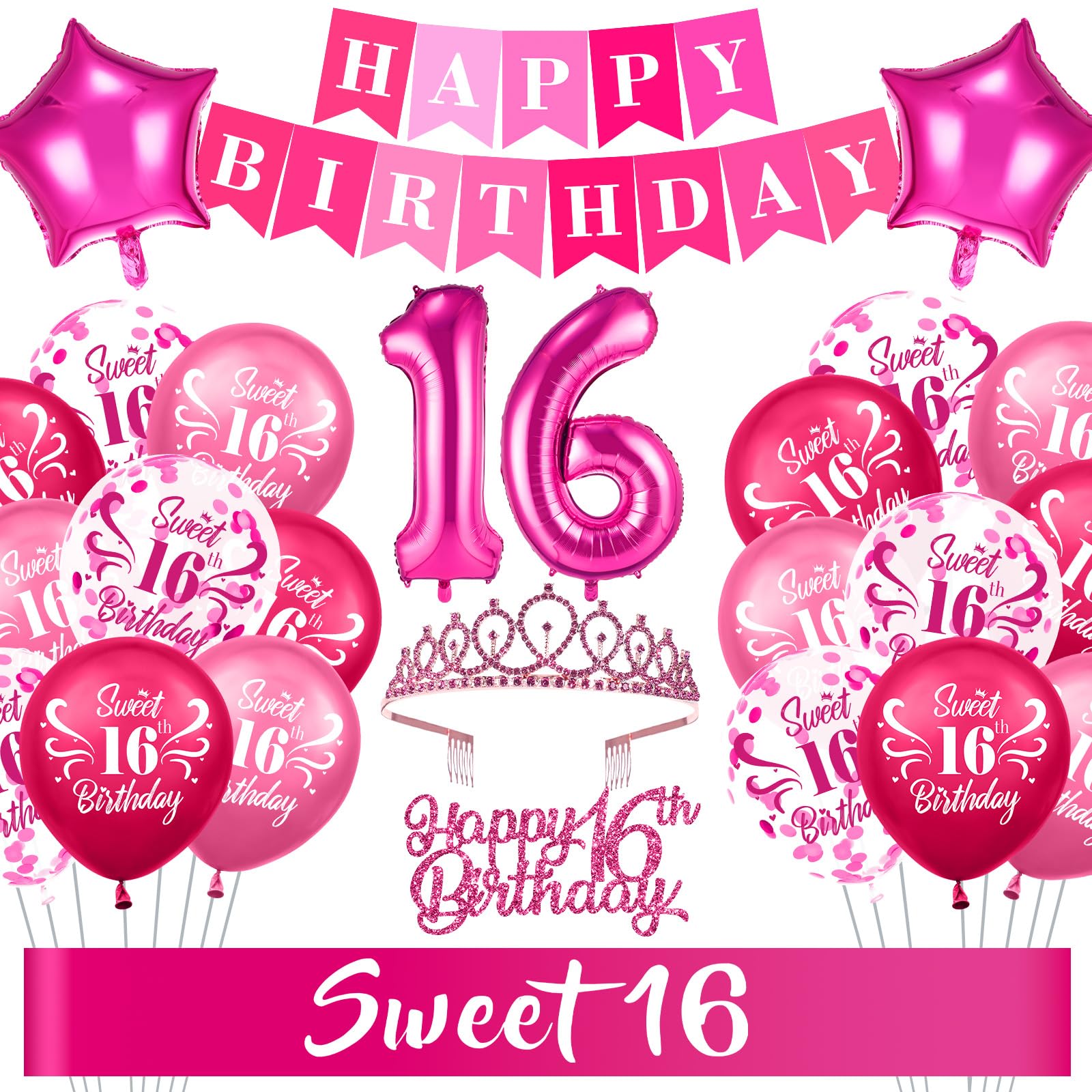 16th Birthday Decorations for Girls, Pink Sweet 16 Birthday Decorations Hot Pink Happy Birthday Banner Number 16 Foil Balloons Sash and Crown Cake