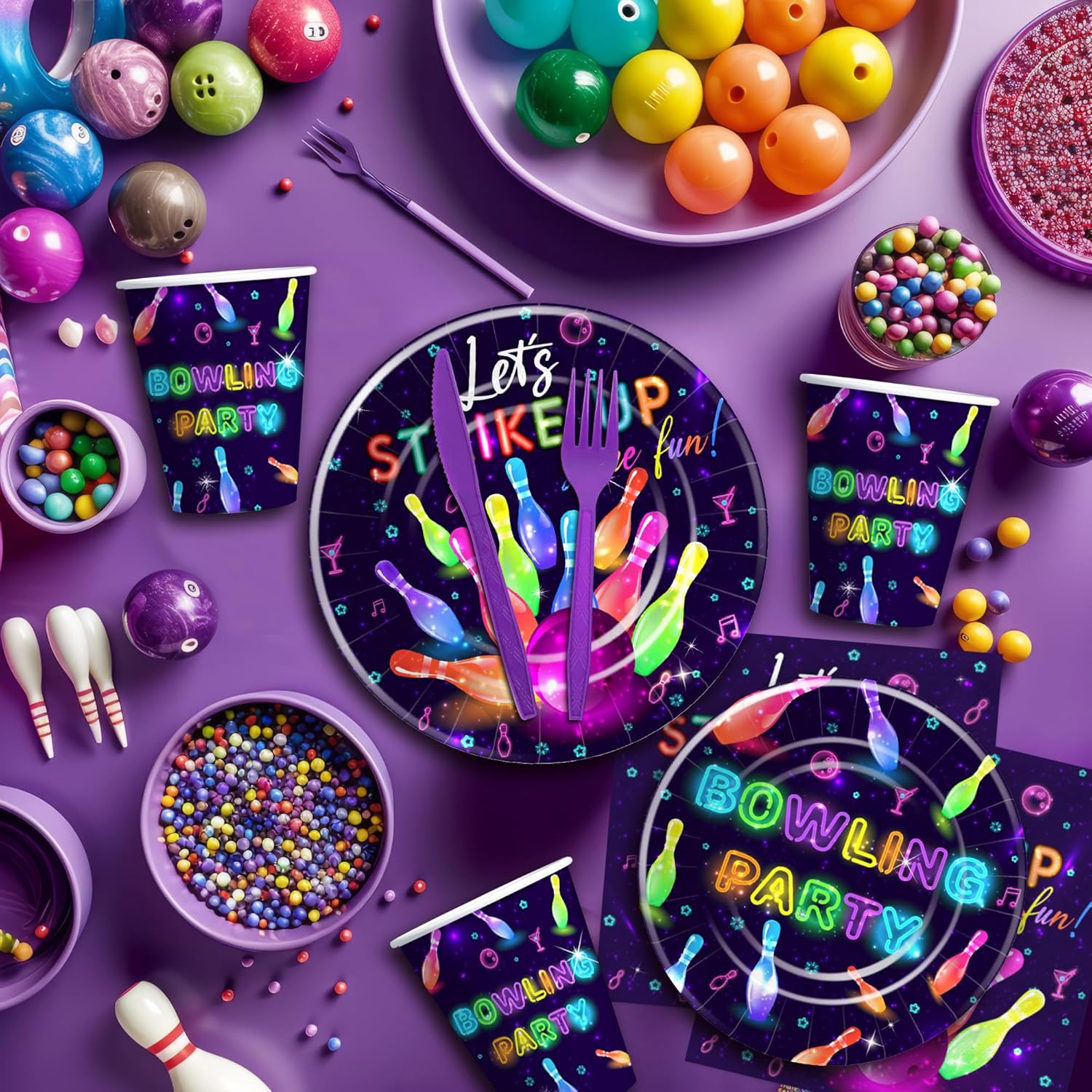 Bowling Birthday Party Supplies, Strike Up Some Fun Bowling Ball Party Decorations Tableware for Birthday Baby Shower, Paper Plate, Cup, Napkin, Disposable Fork, Serves 24 (Pack of 2)