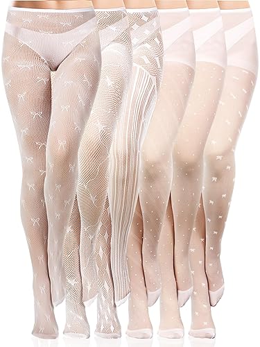 Ramede 6 Pairs Women Lace Tights Patterned Fishnet Thigh High Stockings Waist Bow Goth Leggings Tight Pantyhose for Halloween - Fashion White - Medium