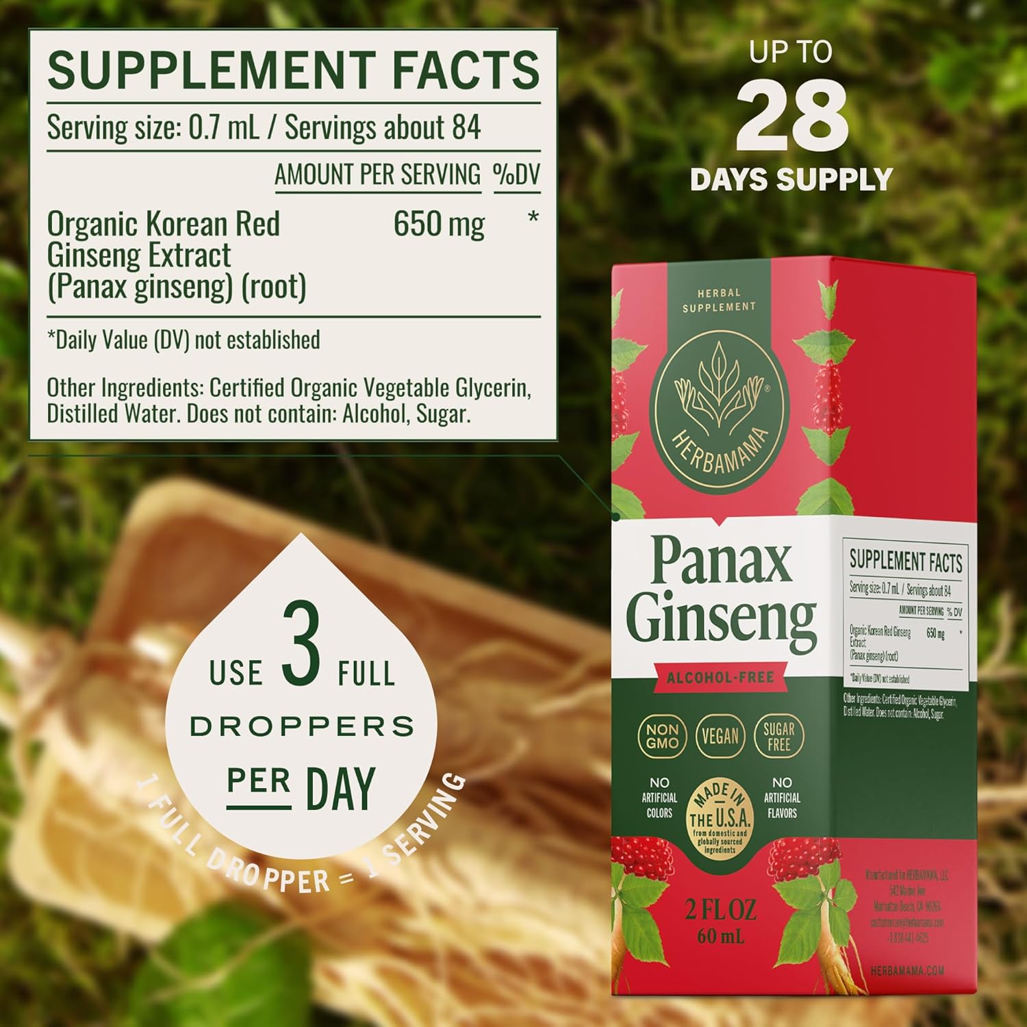 HERBAMAMA Panax Ginseng Root Tincture - Vegan Energy Support with Korean Red Ginseng Extract Liquid Drops - Non-GMO, Alcohol & Sugar-Free Immune Support Supplement - 28-Day Supply - Image 6