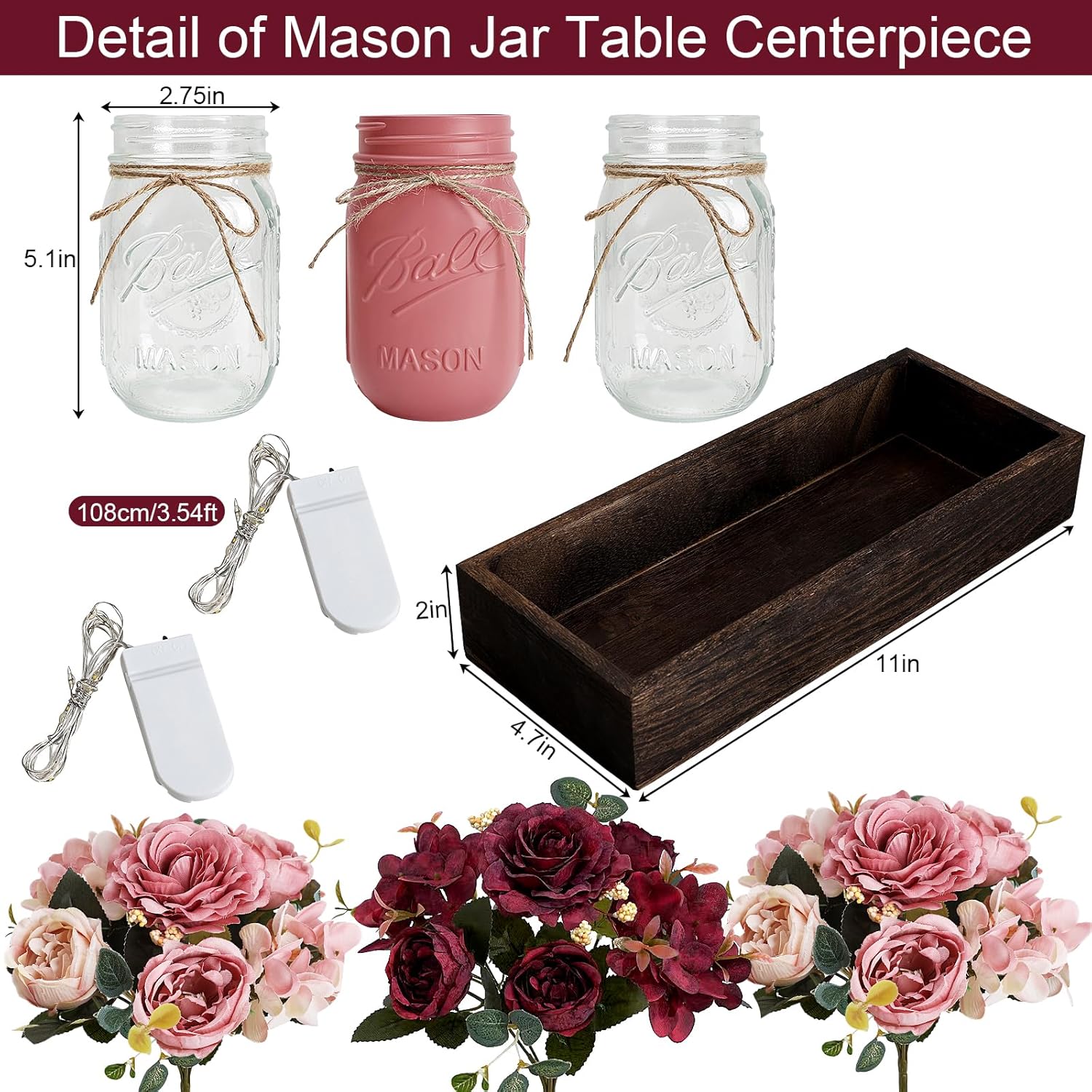 Mason Jar Centerpiece Table Decor for Dining Room Farmhouse Coffee Table Decor with Wood Tray Fairy Lights Fake Flowers for Valentine's Day Kitchen Living Dining Room - Burgundy Pink, 11 inches - Image 2
