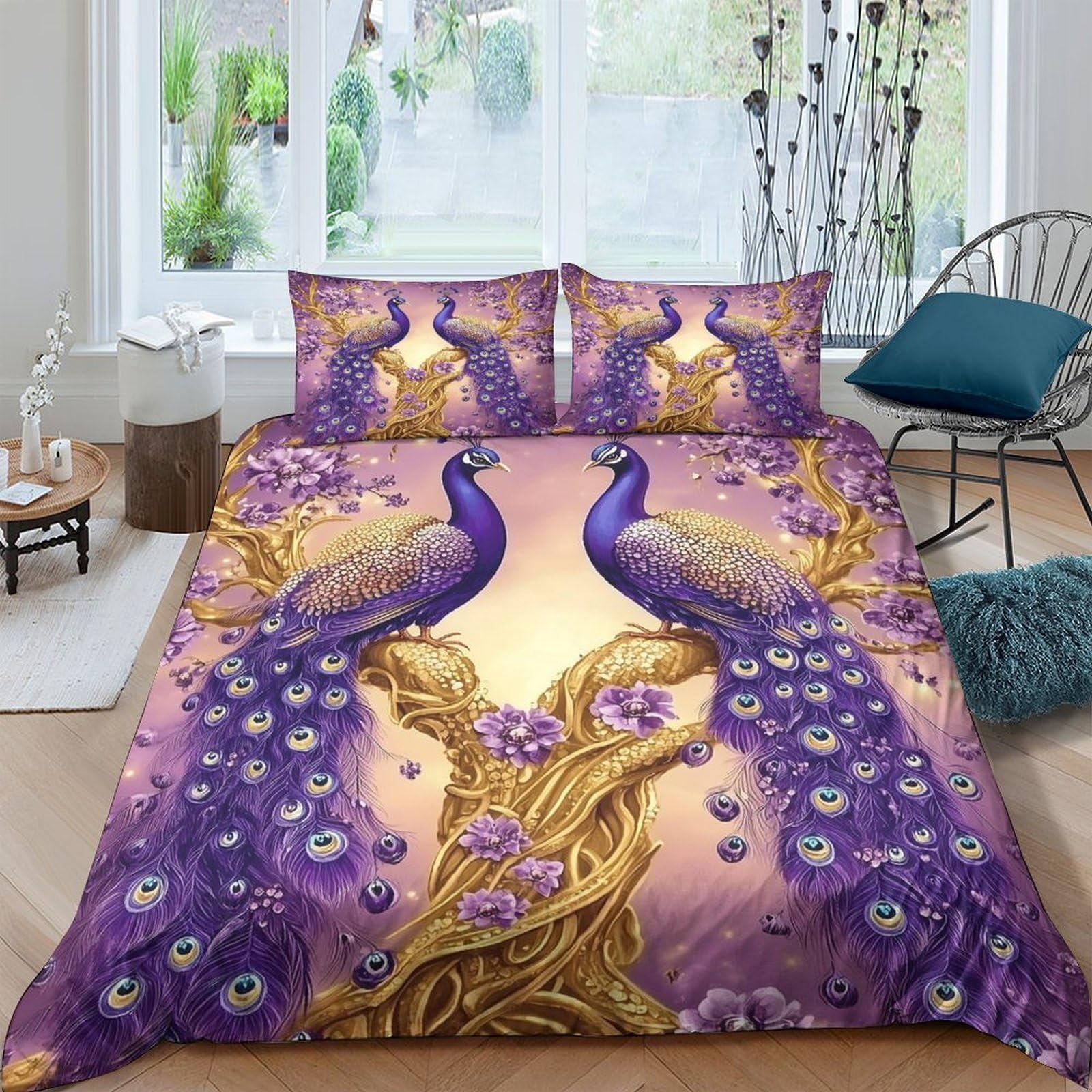 Purple Peacocks Set Di Copripiumino morbida microfibra 3 Pezzi stampa 3D con federa Fantasia Set Di Copripiumino cerniera ariosa morbido for ragazze King（220x240cm）